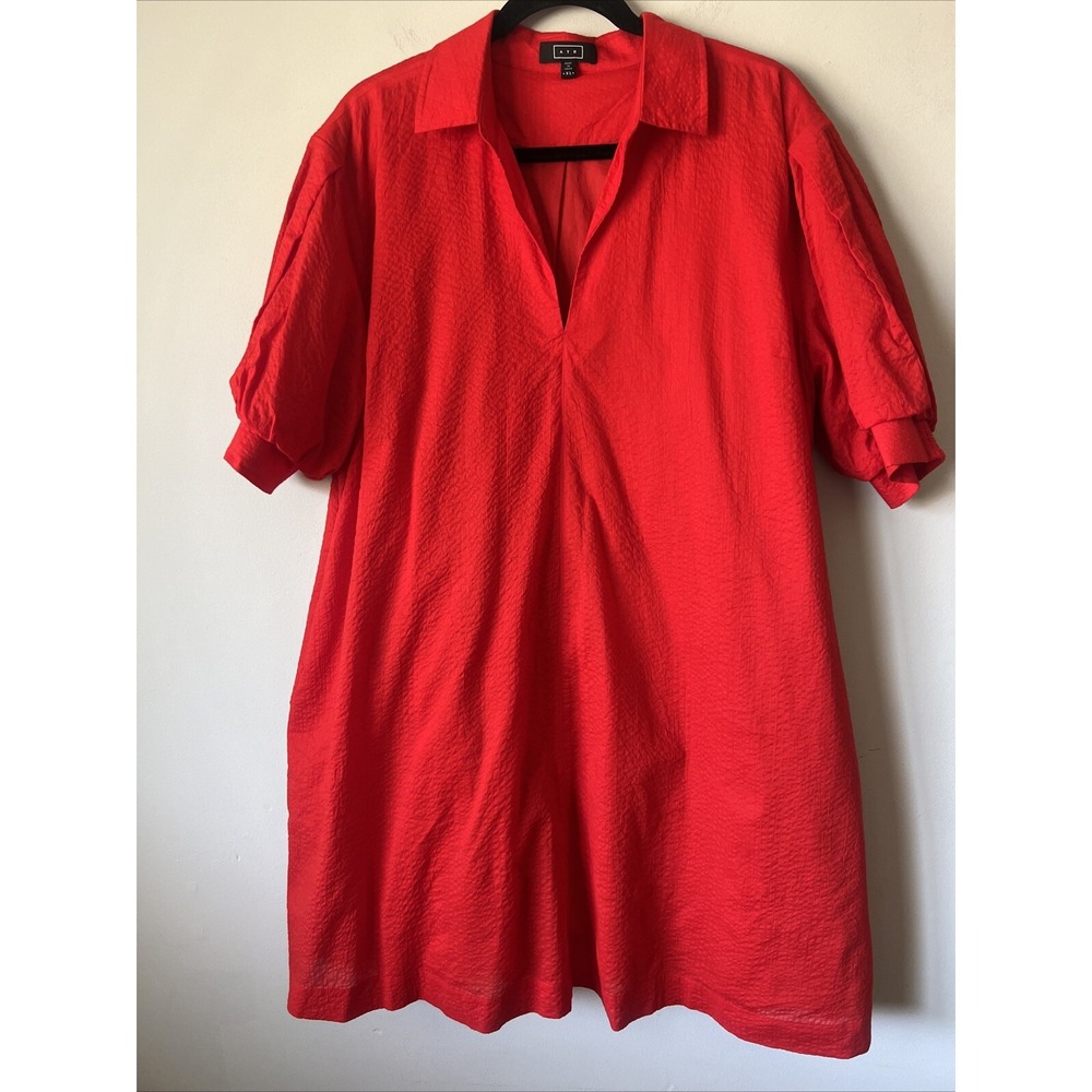 AYR The Solstice Collared V-neck Seersucker puff sleeve dress Size XL Pockets